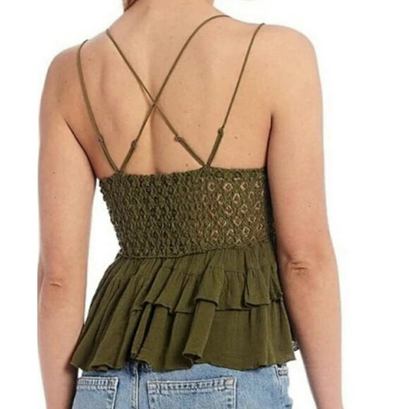 Free People Adella Cami Crochet Lace Flowy Tiered Crisscross Olive Sparrow M New - Picture 3 of 11